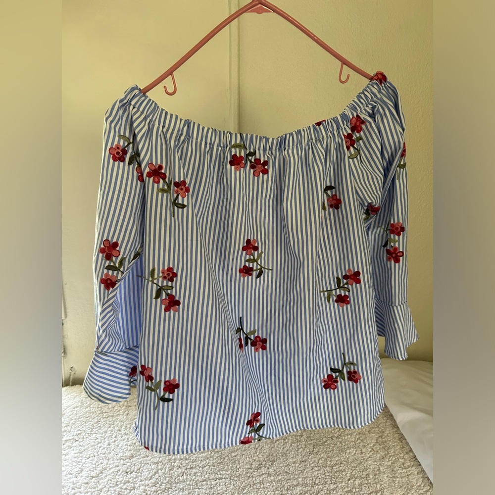 Blue and white floral blouse
